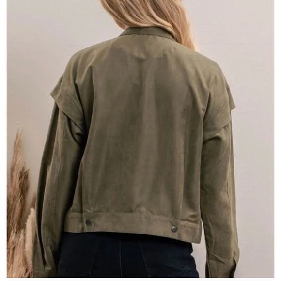 Blu Pepper Lightweight Olive Green Cropped Soft Utility Jacket NEW Large - Picture 2 of 12